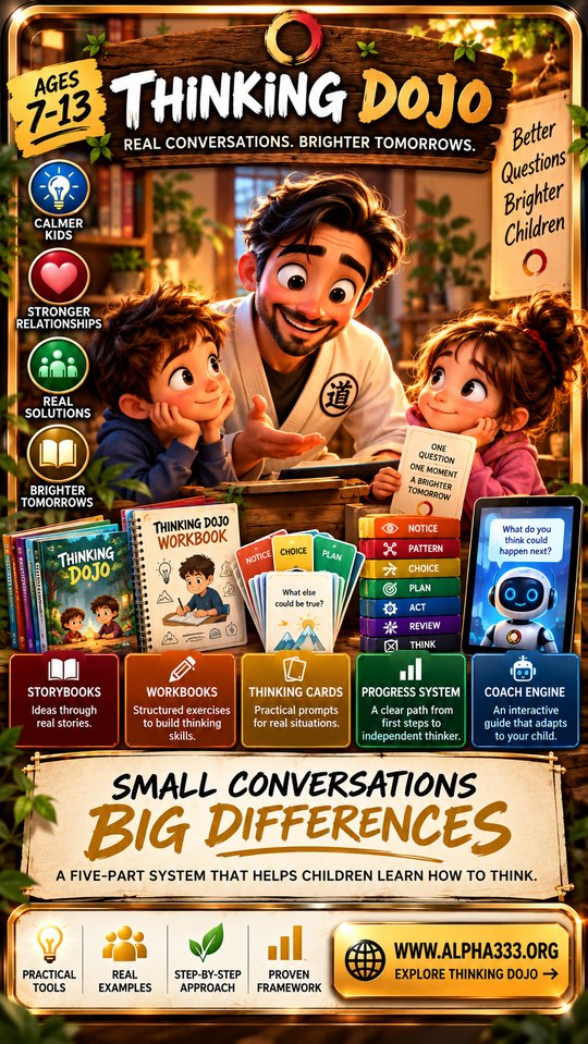 The Thinking Dojo brand card: a parent with two children and www.alpha333.org